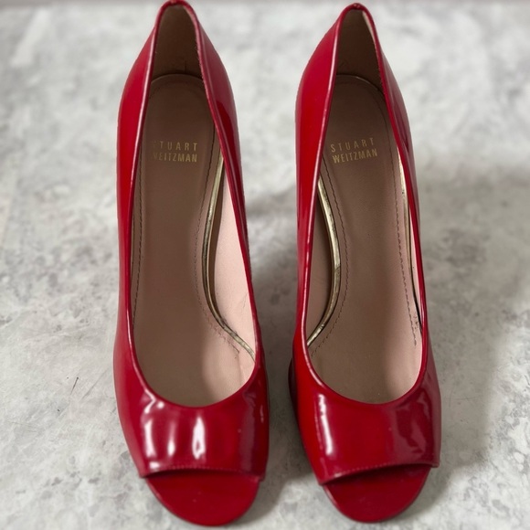 Stuart Weitzman Peep Toe Pumps Bright Red 9 Bold Solid Stiletto Heels Party - Picture 2 of 10